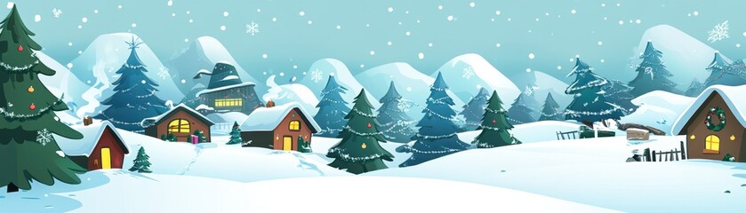 Winter Wonderland Snowy Village Landscape with Cozy Cottages