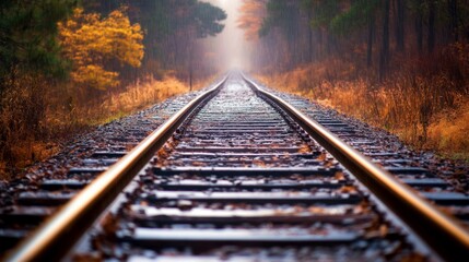 Obraz premium Railway Tracks Disappearing into a Misty Forest During a Light Rain