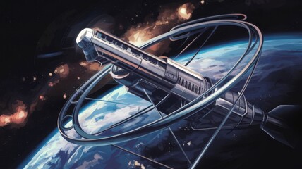 Obraz premium Advanced space telescope design in low Earth orbit with vibrant cosmic elements and Earth visible