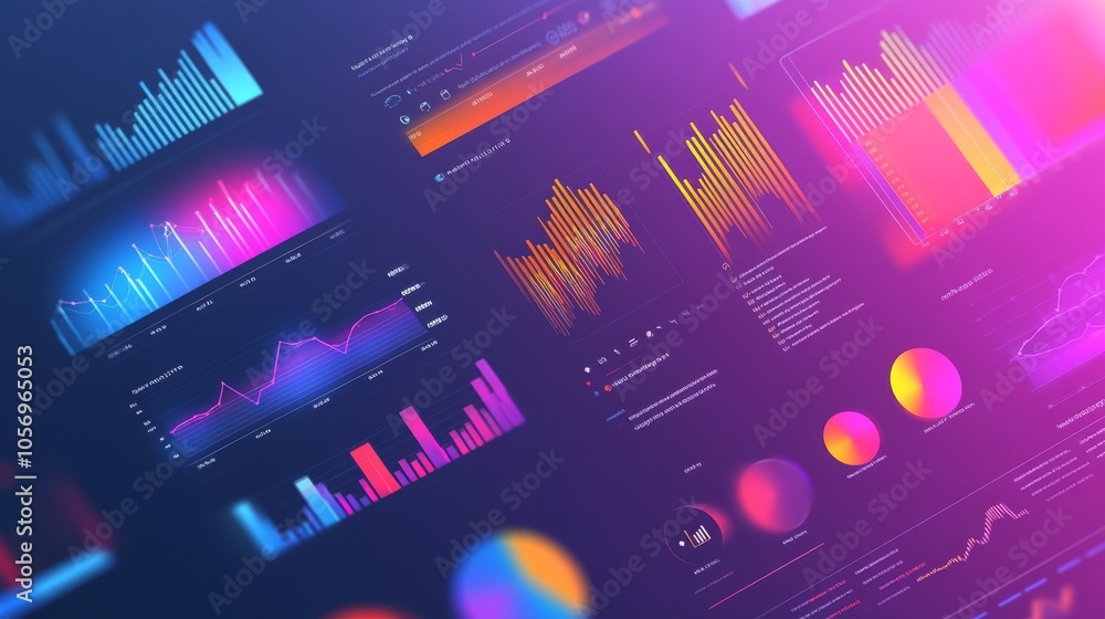 Poster vibrant data visualization showcasing colorful graphs, charts, and analytics on a modern digital int