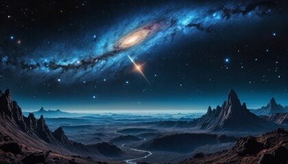 Stunning landscape view of alien terrain under the Milky Way and distant galaxy