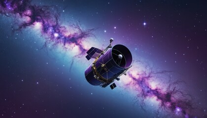 Naklejka premium Space telescope orbiting in vibrant galaxy with colorful nebula background