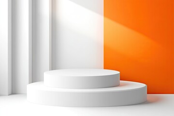 Fototapeta premium Abstract 3D realistic orange and white cylindrical podium pedestal background with natural light scene. Minimal product mockup presentation, stage showcase. Vector geometric design platforms. 