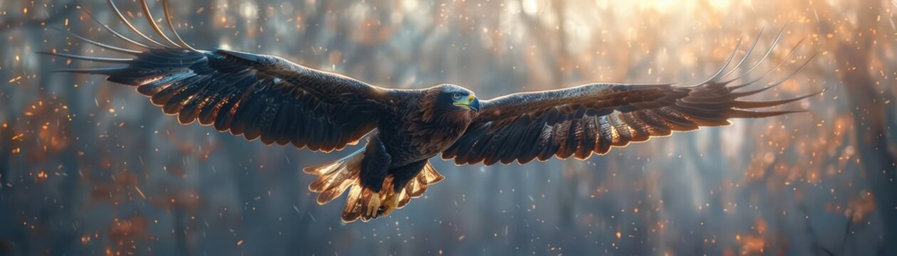 Immerse viewers in a dreamlike world by showcasing a surrealistic twist on a rear view of a soaring eagle in a digital art masterpiece Experiment with unexpected angles to enhance