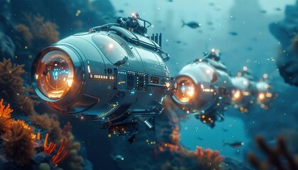 Immerse viewers in a mesmerizing underwater realm with luminescent surveillance robots designed with sleek