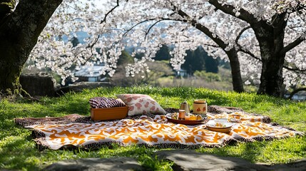 A serene picnic setup under blossoming cherry trees, inviting relaxation and enjoyment.
