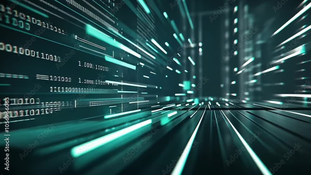 Poster a digital tunnel with glowing green lines and binary code flows through a dark, futuristic space