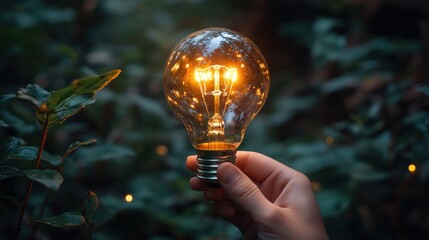 A hand holds a glowing light bulb in front of a dark green leafy background, representing innovation and inspiration in nature.