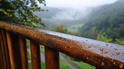 Fototapeta premium Rain Drops on Wooden Railing with Mountain View