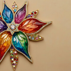 Fototapeta premium A photograph of a luxurious multicolored prismatic crystal Amarilys blossom, embellished with golden diamonds and rhinestones. The flower features intricate, colorful inlays forming a zentangle star p