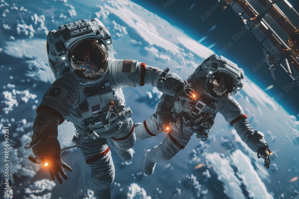 Sticker two astronauts floating in space with earth in the background
