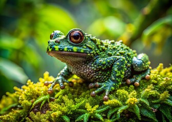 Fototapeta premium Vietnamese Mossy Frog on Lush Green Leaves: A Captivating Example of Nature's Beauty in the Rainforest, Highlighting the Theloderma Corticale's Unique Camouflage and Habitat