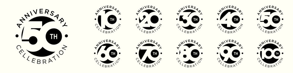 collection of creative Anniversary circle number 10 to 100 logo designs. abstract number design vector illustration