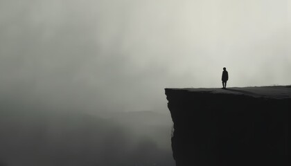 Silhouette of a solitary figure standing on the edge of a cliff shrouded in fog, representing despair and uncertainty