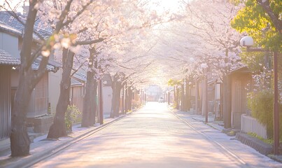 Obraz premium A serene street lined with cherry blossom trees, creating a peaceful atmosphere.