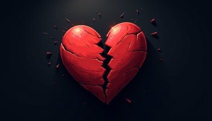 Broken heart in despair, shattered pieces emerging from a dark background, digital illustration