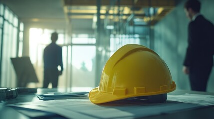 Fototapeta premium A yellow hard hat on a desk with blurred figures in a construction environment.