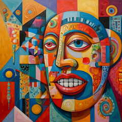 A playful and surreal artwork depicts an abstract head formed from colorful geometric shapes like circles, squares, and triangles. The complex pattern on the head is mesmerizing, with a wide, toothy g