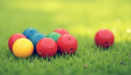 Obraz premium Colorful bocce balls in red, green, blue, and yellow grouped on lush green grass, sunny outdoor setting
