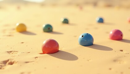 Colorful bocce balls partially buried in soft sand with warm sunlight, desert-like environment