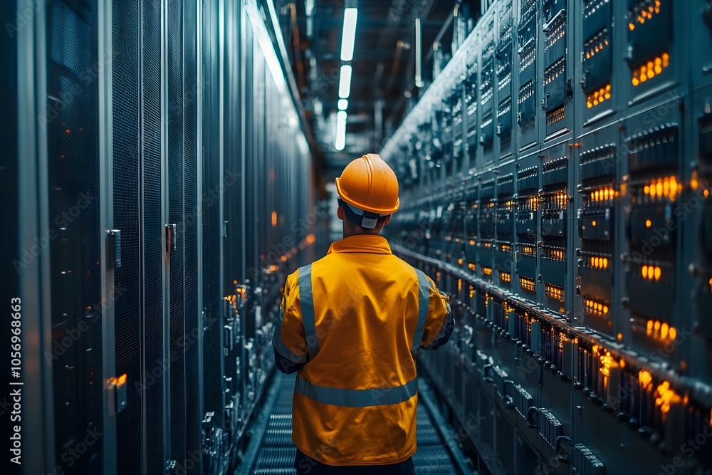 Poster technician monitoring large battery array in renewable energy facility