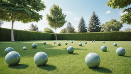 Multiple green bocce balls scattered on grass in sunny park, rich nature background