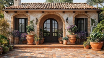 Fototapeta premium Charming rustic house entrance with potted plants and tiles.