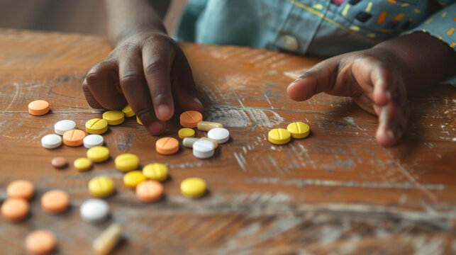 African-American baby child's hand reaching for medical pills lying on the table. Danger of leaving tablets in places easily accessible to children. Medication pharmacy drug poisoning concept. 