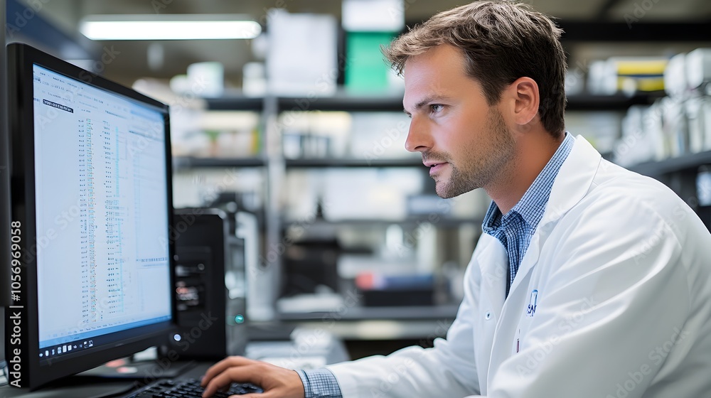 Poster engineer in white coat evaluating battery performance data on computer screen