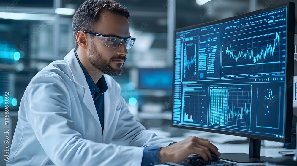 Poster engineer evaluating battery performance data on computer screen in tech lab