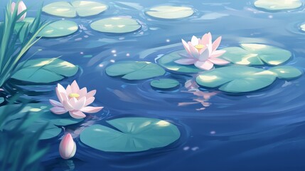 Serene Lotus Flowers on Calm Water Surface