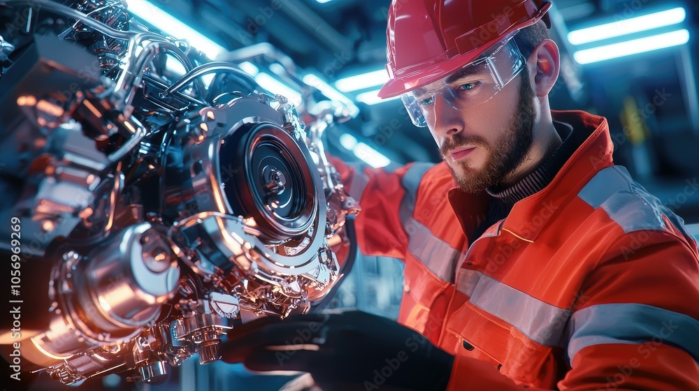 Poster mechanic inspecting a modern internal combustion engine in a high-tech workshop environment