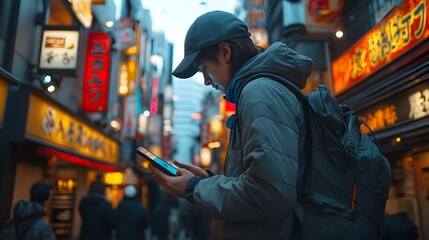 Fototapeta premium Person Checking Smartphone Battery Life in Bustling Urban Setting with Digital Dependency