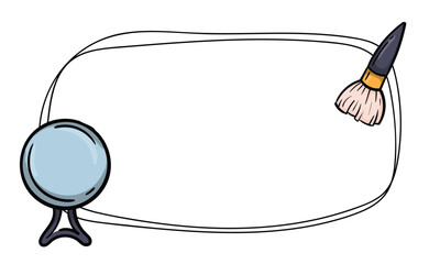 Bright vector template with mirror and cosmetic brush. Frame with icons signs and symbols. Background for text, price tag, banner