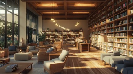 Open-concept library with wooden shelving, stylish lights, and ample seating, designed for modern readers