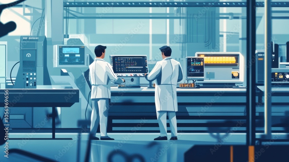 Poster engineers monitoring the production process in a high-tech