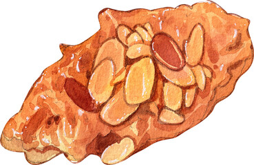 Croffle  with Almond Topping, Hand Drawn Illustration Watercolor painting