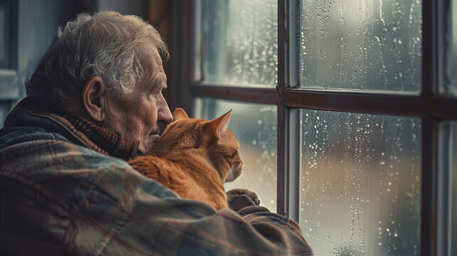 Melancholic senior old lonely man gazes through the window, accompanied by his loyal cat. The somber atmosphere is palpable, moment of reflection and solitude. Pet as a friend for elderly people