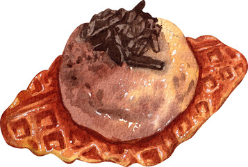 Croffle  topped with chocolate ice cream, Hand Drawn Illustration Watercolor painting