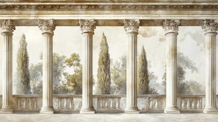 Fototapeta premium Roman mural wallpaper with marble pillars and antique frescoes, giving an elegant aged look, isolated on white