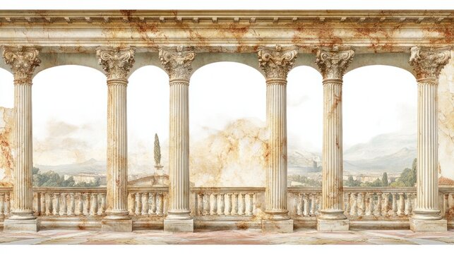 Fototapeta Roman mural wallpaper with marble pillars and antique frescoes, giving an elegant aged look, isolated on white