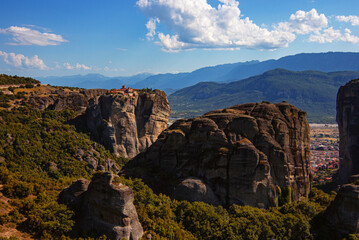 The Holy Trinity Monastery (Agia Triada) on the top of spectacular Meteora rocks in Thessaly, Greece
