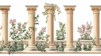 Naklejka premium Roman-inspired mural with classical columns and floral patterns, creating a timeless vintage aesthetic, isolated on white