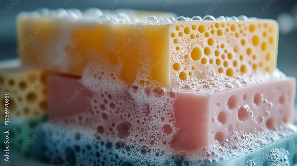 Poster stack of colorful soaps covered in bubbles and foam