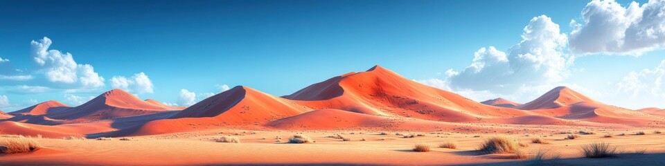Vast desert landscape with rolling dunes and blue sky.