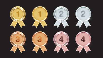 Gold, Silver, Bronze, and Rose Gold Medal Vectors: First, Second, Third Place Badges with Ribbons and Olive Branches. Vector.