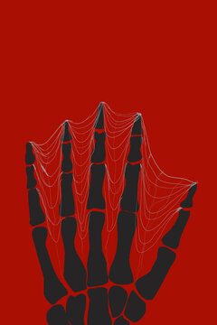 illustration of a skeletal hand with spider webs in red background 