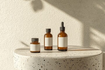Beautiful mockup of amber glass bottles, jars, and dropper bottles with blank white labels on a round stone table against a beige background