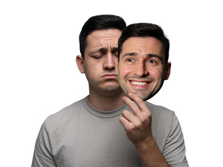 Man Holding a Smiling Mask Revealing True Sadness Behind the Facade