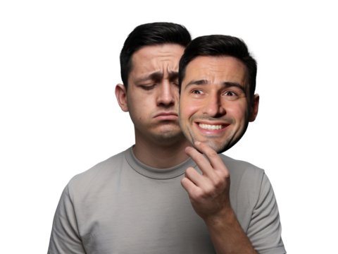 Man Holding a Smiling Mask Revealing True Sadness Behind the Facade